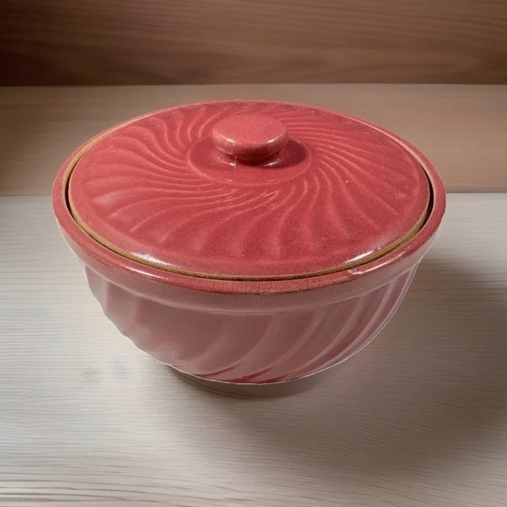 Vintage Bean Pot Casserole Dish Lidded Red Swirl Pottery USA Oven Ware Rustic